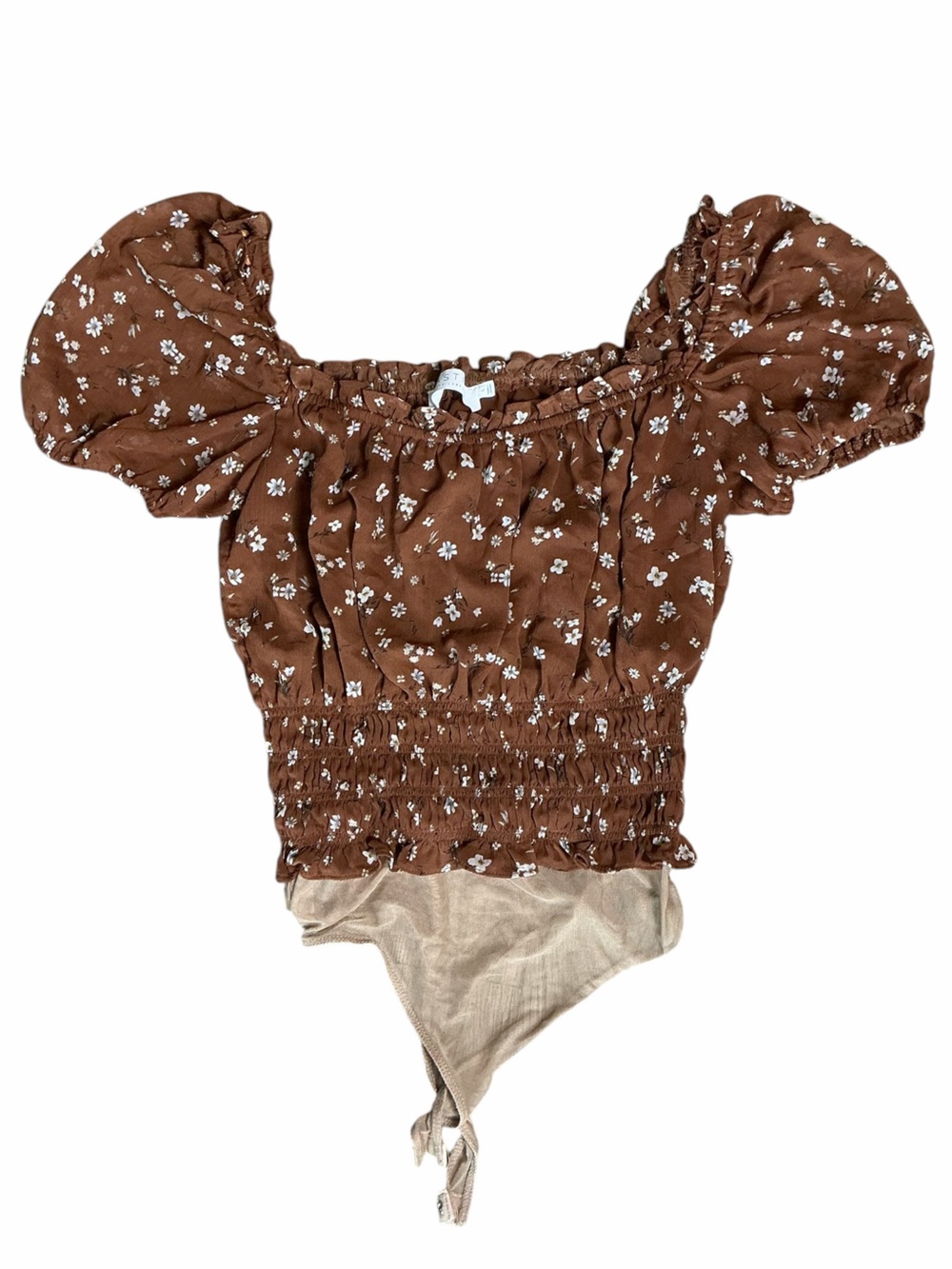 ASTR The Label Brown Floral Puff Sleeve Smocked Bodysuit Size Large